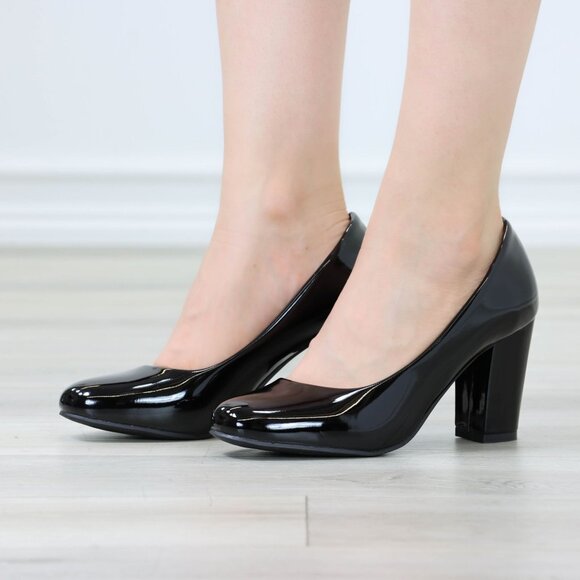 Classic Black Patent High Heel Slip On Round Toe Block Pumps - Picture 9 of 11